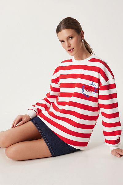 Happiness İstanbul Ecru-rotes besticktes Damen-Sweatshirt – MP00029