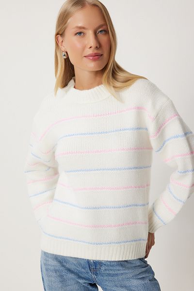 Happiness İstanbul Dámský svetr Ecru Striped Soft Knitwear - Yu00017