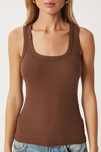 Happiness İstanbul Dámské pletené tílko se šňůrou - hnědé, silný pásek HJ00009