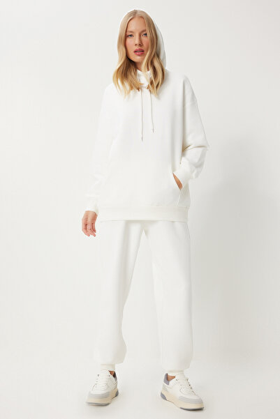 Happiness İstanbul Γυναικεία αθλητική φόρμα εκρού - Φούτερ με κουκούλα και Jogger Oversize PYS0027