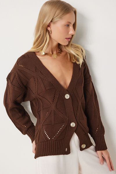 Happiness İstanbul Hnědý pletený Cardigan - Motiv, Dámský, Xk00001