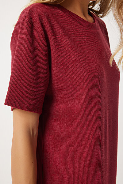 Happiness İstanbul Vínové volné dlouhé pletené šaty – každodenní použití, Dz00076