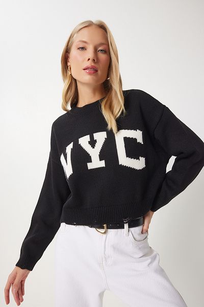 Happiness İstanbul Pulover negru din tricotaje - Detaliu rupt, Femei, DP00215
