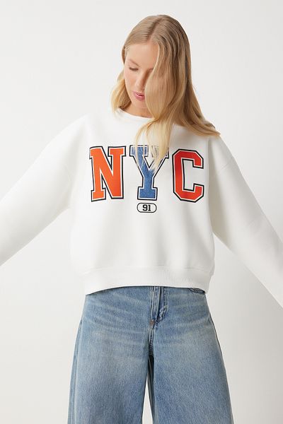 Happiness İstanbul Ecru Damen-Strick-Sweatshirt – mit Slogan und Wappen, MP00028