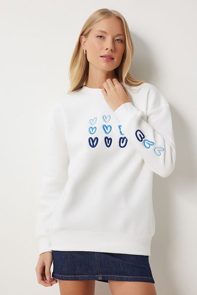 Happiness İstanbul Weißes Damen-Sweatshirt mit Herz-Stickerei in Roségold OW00004