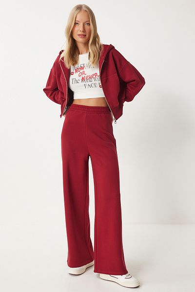 Happiness İstanbul Damen-Jogginghose mit weitem Bein in Burgunderrot, dick, OW00052
