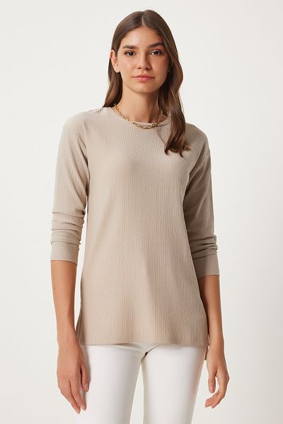 Happiness İstanbul Beige gemusterte Damen-Strickbluse mit langen Ärmeln - ZH00038