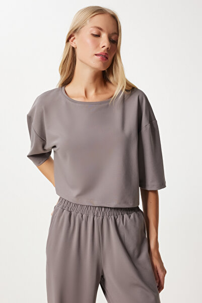 Happiness İstanbul Gray Crop T-Shirt and Jogger Tracksuit Set - Fn03316