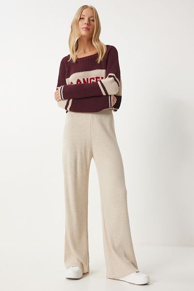 Happiness İstanbul Beige Corded Women's Knitwear Trousers - Ki̇00096