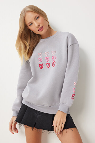 Happiness İstanbul Γκρι κεντημένο γυναικείο φούτερ καρδιά - OW00004