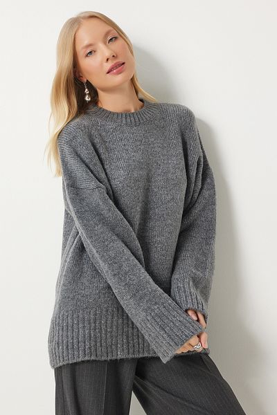Happiness İstanbul Anthrazitfarbener, übergroßer, weicher Strickpullover für Damen – PF00096