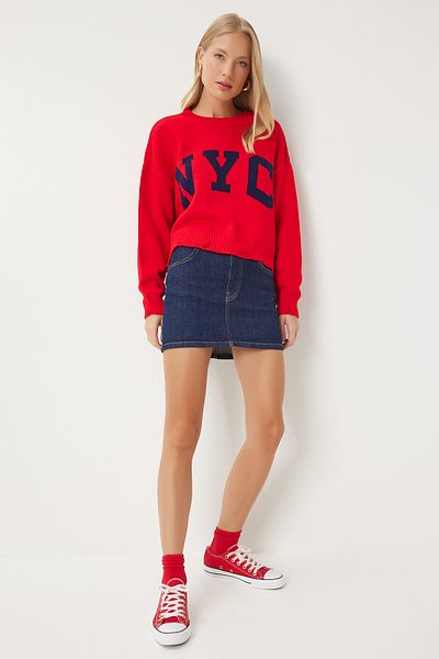 Happiness İstanbul Roter Strickpullover – zerrissenes Detail, Damen, DP00215