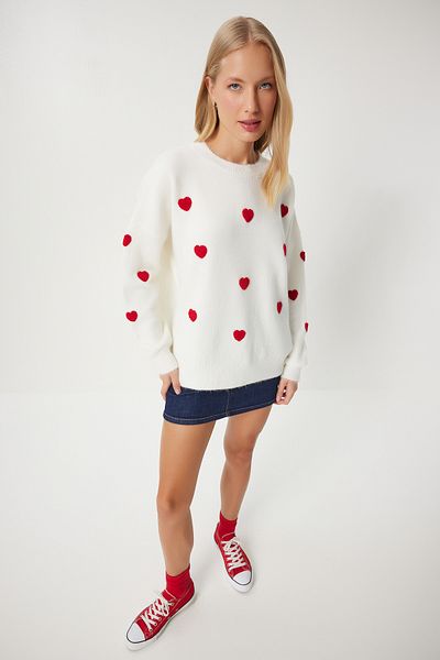 Happiness İstanbul Ecru Oversize pletený svetr – dámský, textura srdce, Pf00088