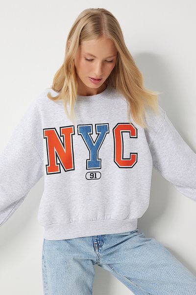 Happiness İstanbul Graues Slogan-Strick-Sweatshirt für Damen – besticktes Kapuzenpullover MP00028