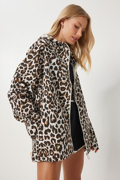 Happiness İstanbul White Brown Leopard Patterned Linen Trench Coat - Hooded, Sa00032