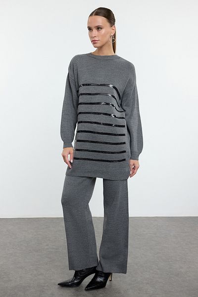 Trendyol Modest Knitwear Top and Bottom Set - Anthracite Sequin Detailed TCTAW25US00088
