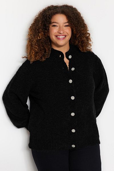 Trendyol Curve Strickwaren Schwarzer Cardigan mit Schmucksteinen - Geknöpft, TBBAW24AV00019