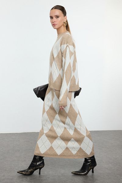 Trendyol Modest Jacquard Beige Baklava Knitwear Set - Lower & Upper Tctaw25Us00091