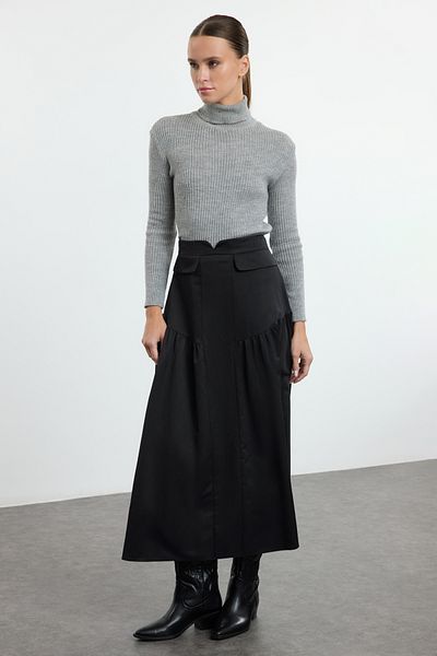 Trendyol Modest Fusta neagră din bumbac - detaliată cu șnur, țesută, TCTAW25EE00006