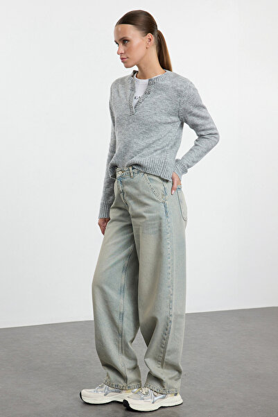 Trendyol Collection Blugi vintage cu talie înaltă - Efect decolorat albastru, largi TWOAW25JE00216