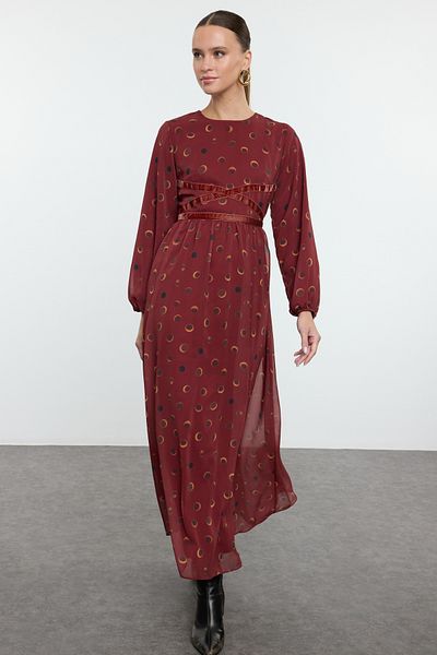 Trendyol Modest Φόρεμα μπορντό σιφόν με λεπτομέρεια υφαντό φόρεμα TCTAW25EB00114