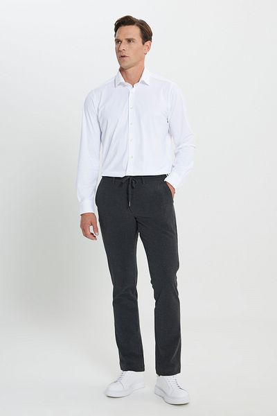 AC&Co / Altınyıldız Classics Anthracite Men's Slim Fit Trousers - Waist Tied and Seersucker Patterned Side Pockets