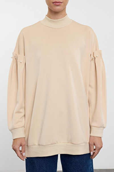 Trendyol Modest Πλεκτό φούτερ σε μπεζ μαργαριτάρι με γιακά πλεκτό TCTAW25UK00008