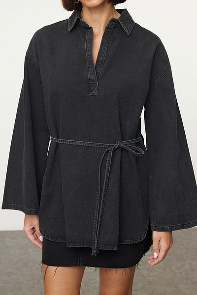 Trendyol Collection Übergroßes Anthrazit-Jeanshemd – gebunden, TWOAW25GO00082