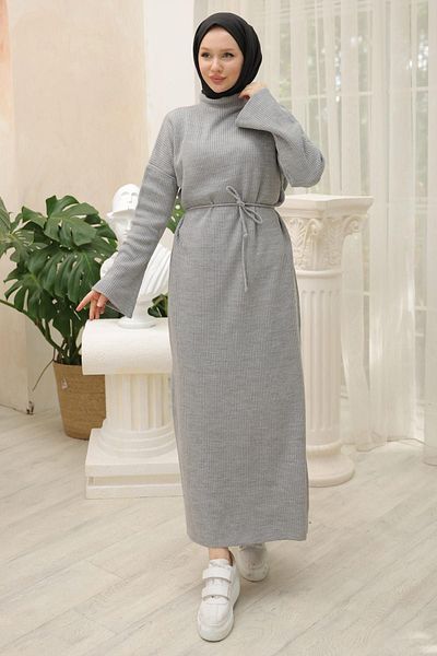 hafsamina Gray Spanish Sleeve Tied Knitwear Dress - Hm2530
