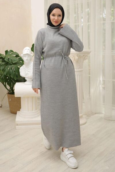 hafsamina Gray Spanish Sleeve Tied Knitwear Dress - Hm2530