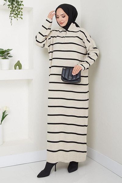 hafsamina Stone Colored Zippered Striped Knitwear Dress - Hm2528