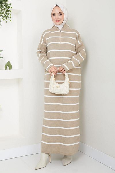hafsamina Mink Striped Zippered Knitwear Dress - Hm2528
