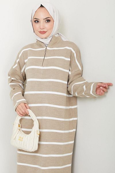 hafsamina Mink Striped Zippered Knitwear Dress - Hm2528
