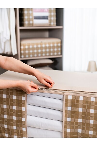 NACAREV 4 Adet Mega Boy Pencereli Bej Kare Desen Ekoseli Yastık Yorgan Hurcu Seti 90x50x50 Cm