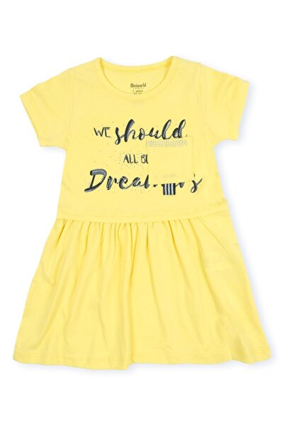 Bebelop Girl's Text Printed Stone Detailed Pocket Combed Cotton Dress