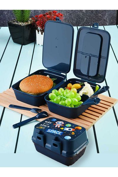 TOYFEST Lock Lid 2 Tiers 4 Compartments Rectangular Lunch Box & Lunch Box with Spoon and Fork - Space