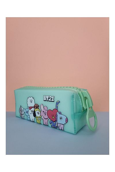 TOYFEST BTS BT21 حامل أقلام رصاص عملاق بسحاب شفاف - أخضر باستيل