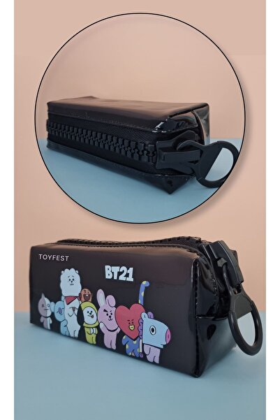 TOYFEST BTS BT21 Themed Giant Zippered Pen Holder Transparent Pencil Case Bag - Black