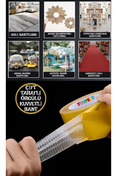 TOYFEST Çift Taraflı Örgülü Kuvvetli Bant - Halı Kaydırmaz - Dekor Yapıştıran - Geniş Kullanım Alanı - 10 Mt