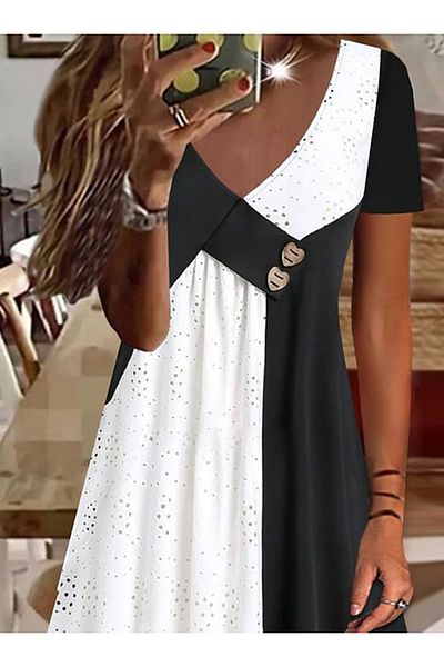 Moka Shopin Rochie MokaShopin pentru femei, cu mâneci scurte, cu decolteu în V, cu broderie de culoare contrastantă, plus rochie din viscoză
