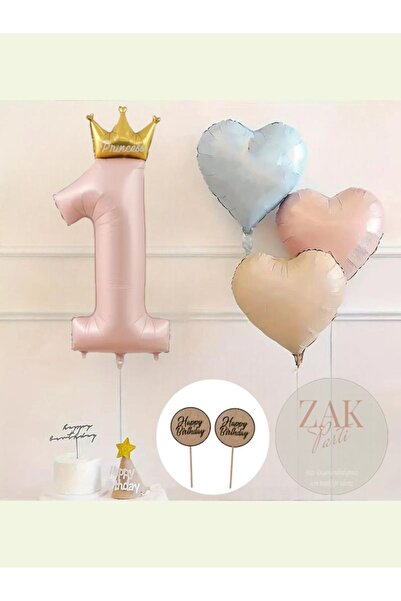 ZEAP Prens  Prenses 1 Yaş Rakam Folyo Balon Retro Mavi Pembe Satin Kalp Folyo...