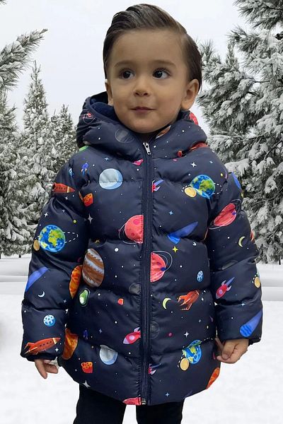 freemen Boy's Fleece Hooded Planet Star Patterned Winter Puffer Jacket & Coat & Parka