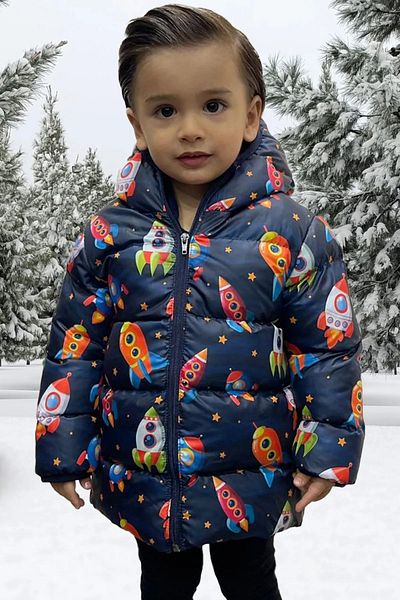freemen Boy's Fleece Hooded Rocket Patterned Winter Puffer Jacket & Coat & Parka
