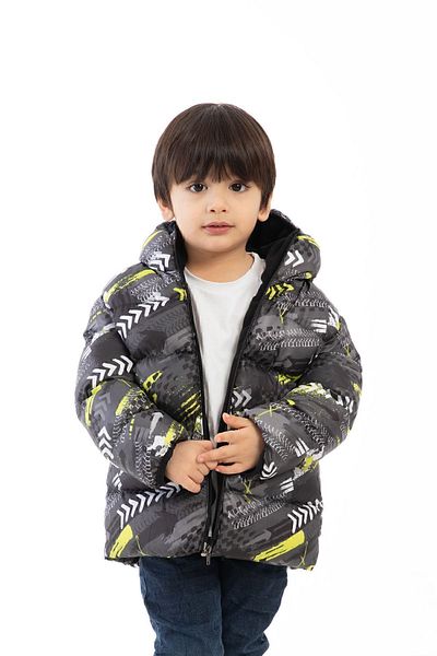 freemen Boy's Yellow Black Digital Pattern Fleece Water and Windproof Hooded Inflatable Winter Coat