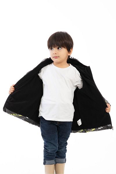 freemen Boy's Yellow Black Digital Pattern Fleece Water and Windproof Hooded Inflatable Winter Coat