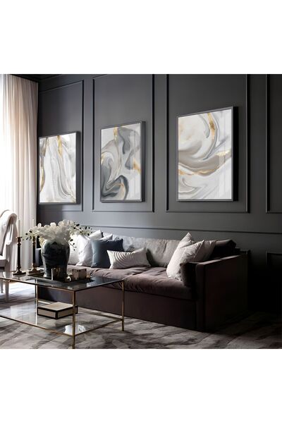 Harikabirev HARİKABİREV | COMBINAT DE ABSTRACTIUNE AUR-GRIS 01 | TABLO DE STICLA CU CADRU 3 PIESE VERTICAL