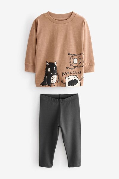 Next Baby Cotton Coffeecream Animal Long Sleeve Bottom Top Set