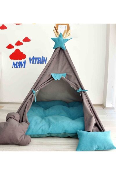 Mavi Vitrin Beyaz Ahşap İskeletli Kızılderili Oyun Çadırı