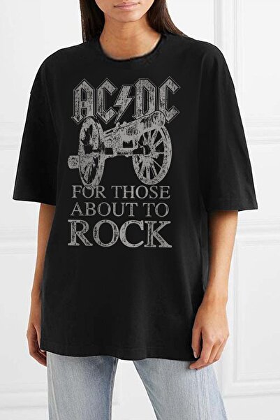 ROCKANDROLL Top Rock Acdc Tricou negru cu mânecă scurtă oversize pentru femei
