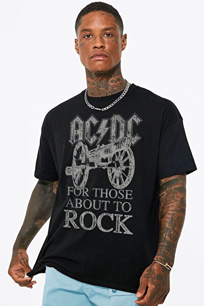 ROCKANDROLL Top Rock Acdc Tricou negru cu mânecă scurtă imprimat oversize pen...